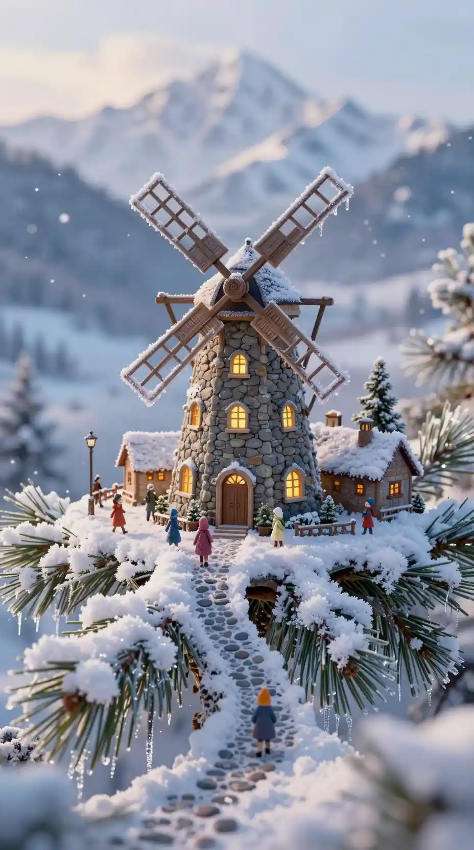 Magical Miniature Winter Village On Snow Covered Pine Branch