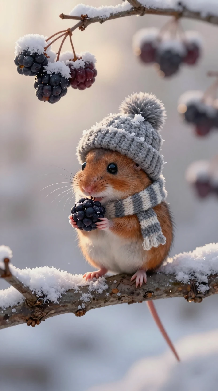 Winzige Erntemaus mit Wintermütze, die eine gefrorene Brombeere hält