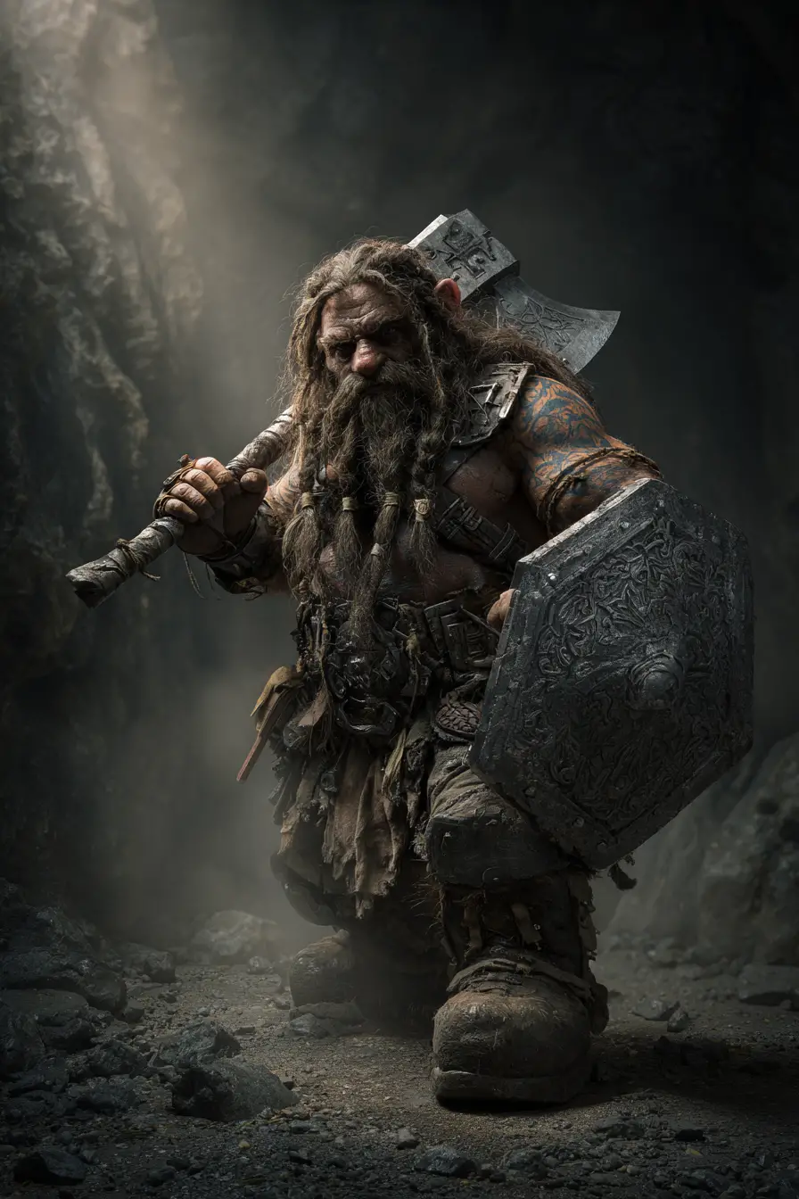 Tattooed hill dwarf warrior in dark mining tunnel