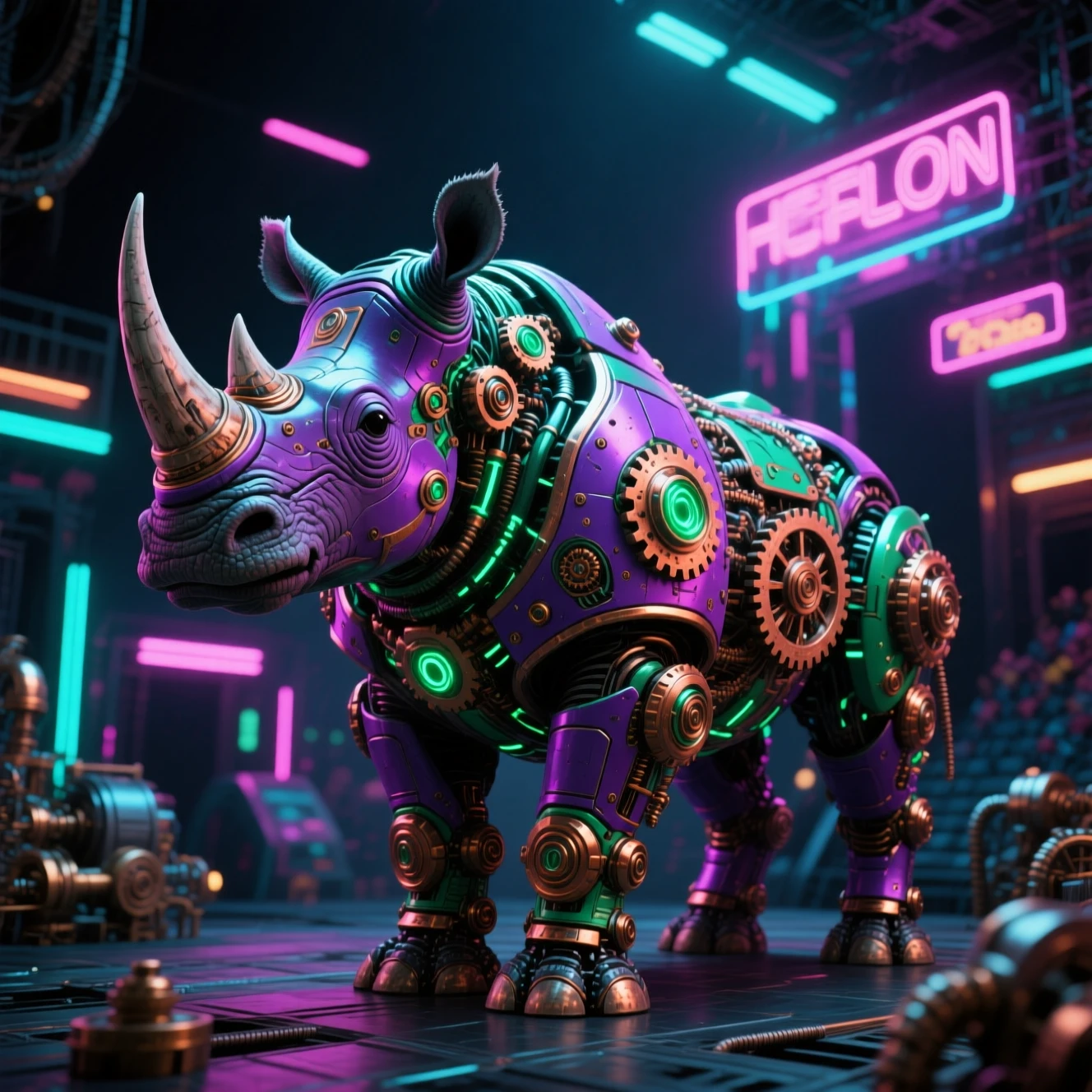 Rhinocéros cybernétique dans une arène futuriste néon avec détails steampunk