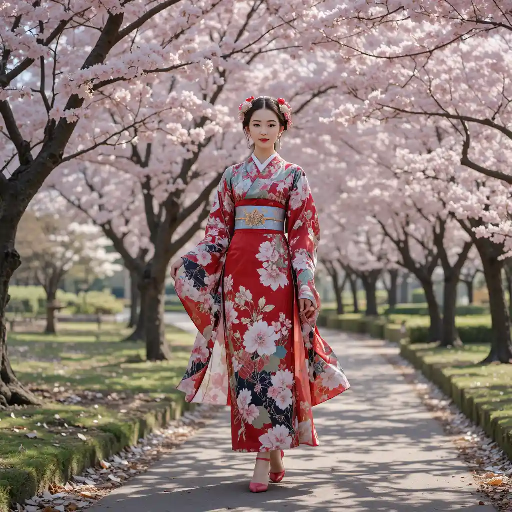 Japanese woman in traditional dress walking in cherry blossom park