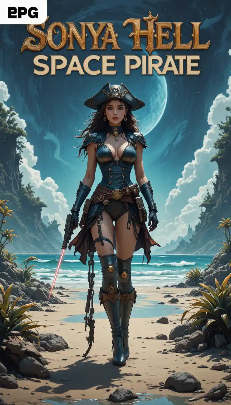 Female space pirate on an alien beach movie poster illustration