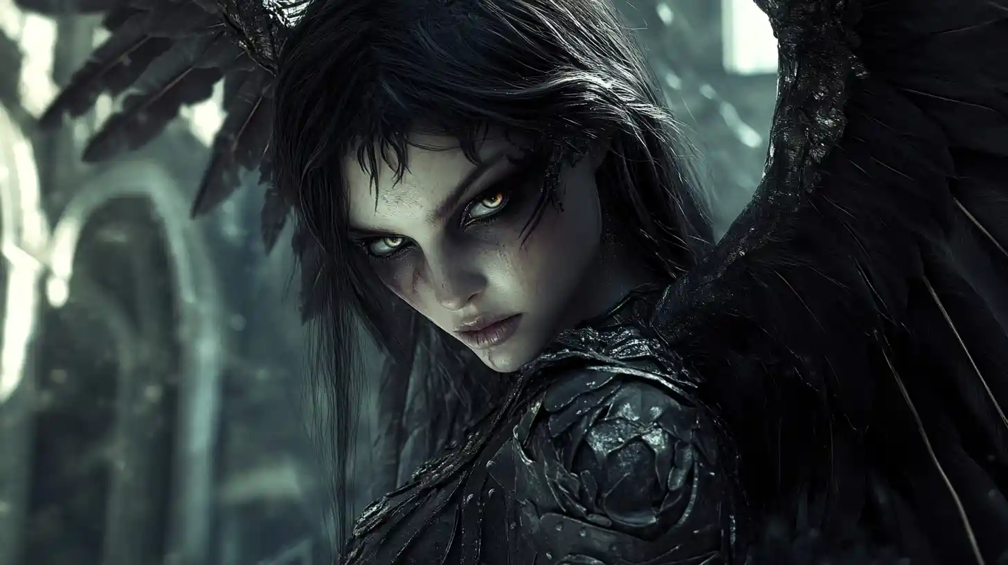 Fallen dark angel woman in ruined gothic cathedral