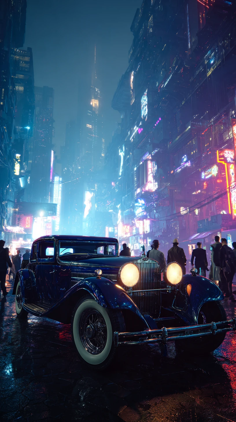Vintage car in neon lit futuristic cyberpunk city