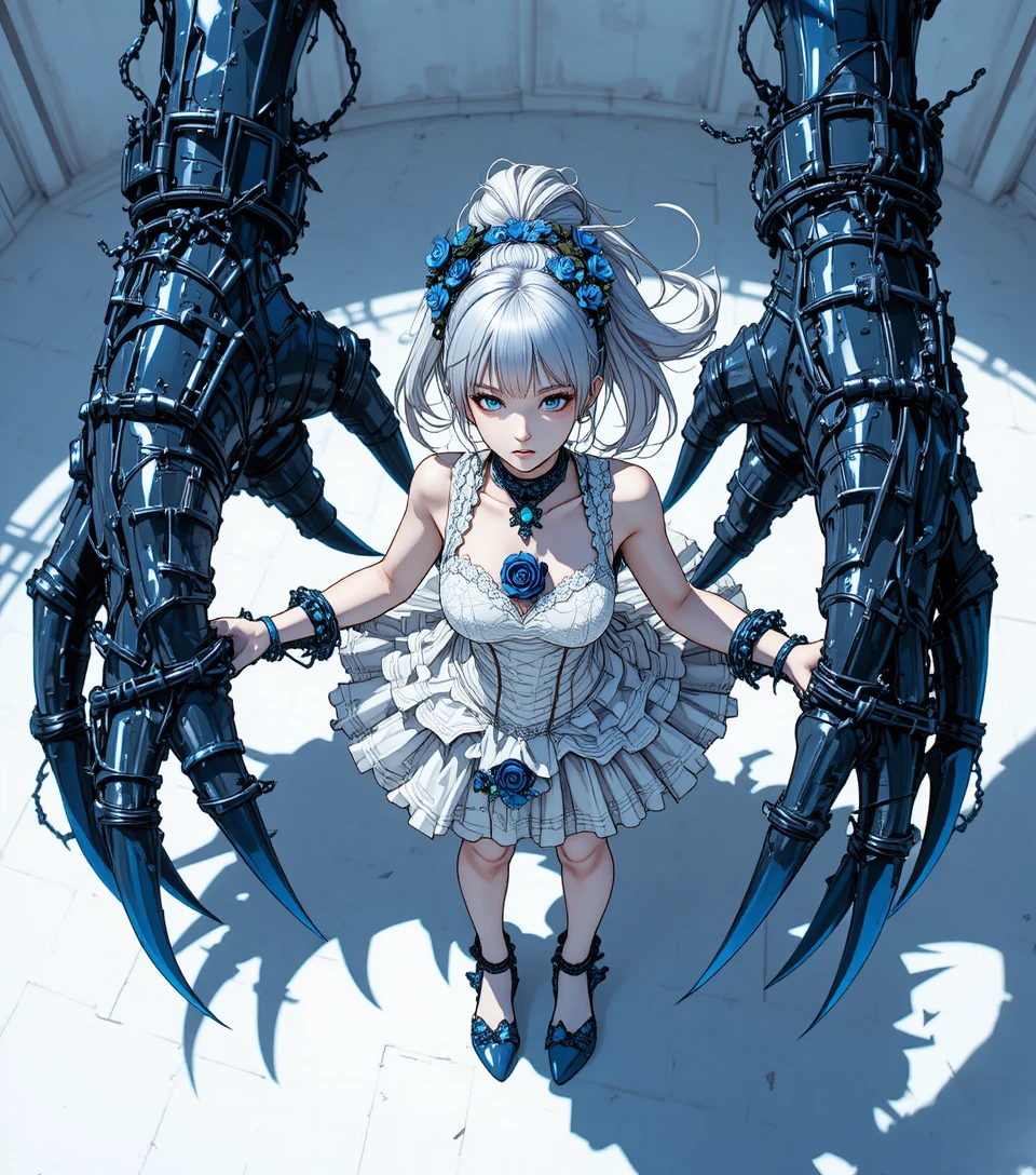 Anime girl with chained demonic claws in gothic white dress