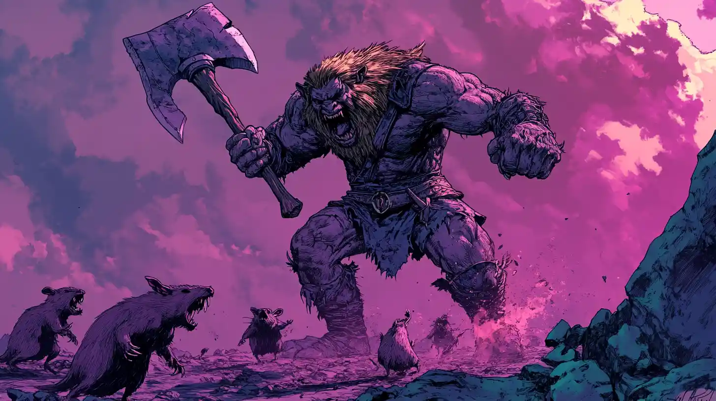 Barbarian leaping with axe at human sized rats