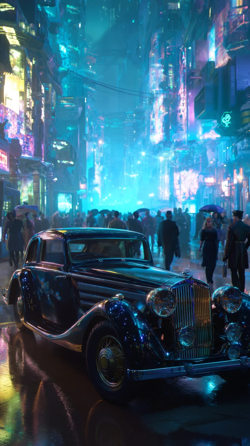 Voiture vintage scintillant sous les néons dans une ville futuriste