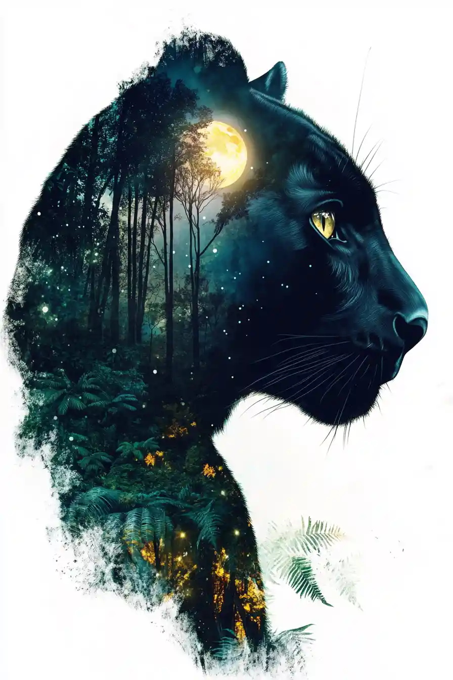 Black panther profile in a moonlit surreal rainforest