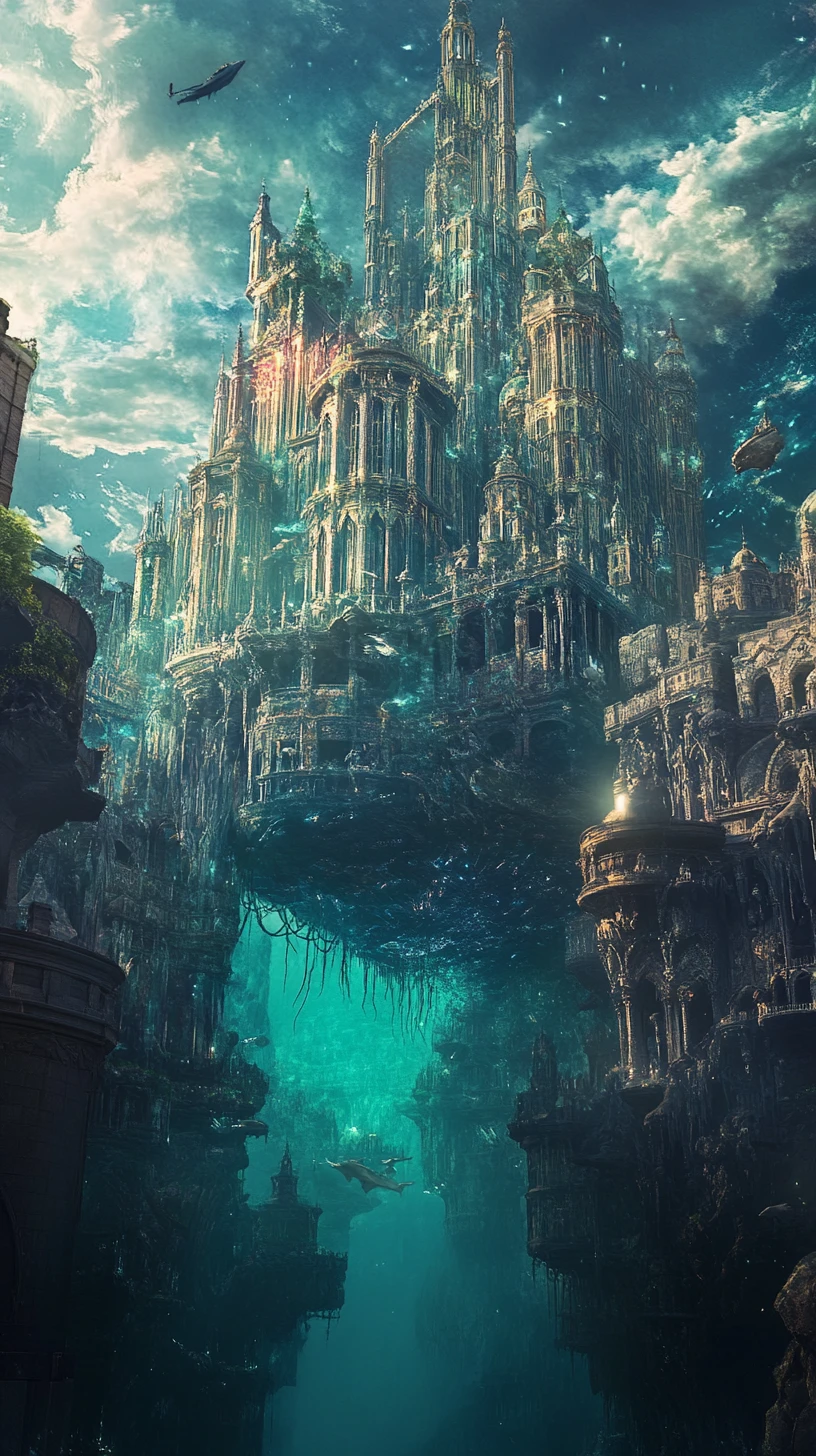 Ätherische Fantasy-Stadt mit einem aus dem Meer aufsteigenden Leviathan