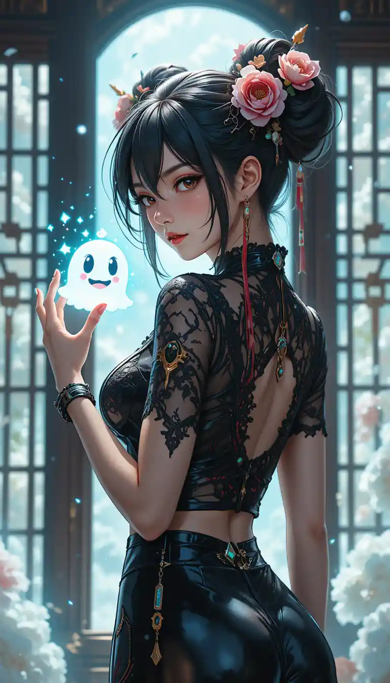 Anime sorceress girl with ghost in cheongsam and bun hair