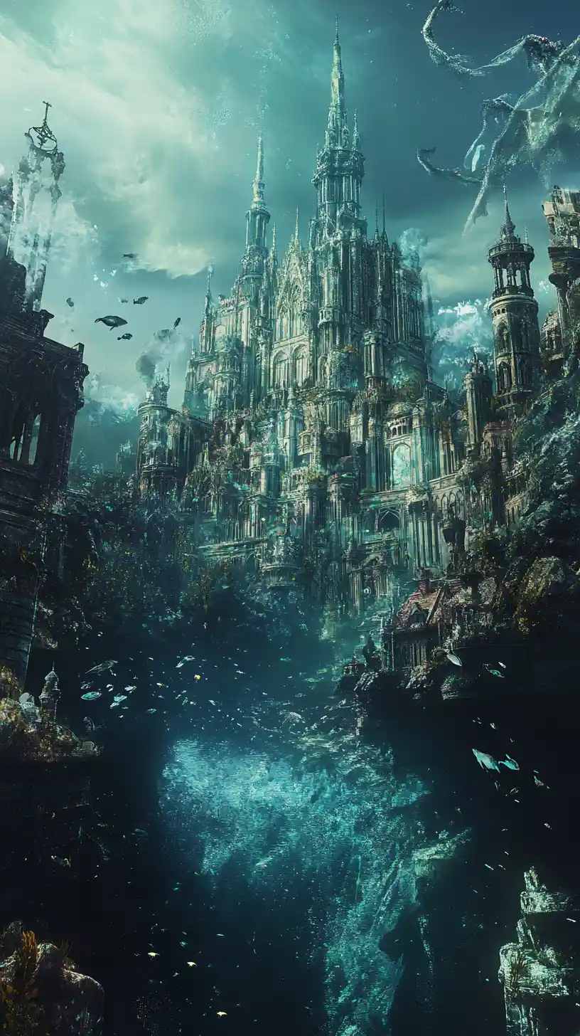 Ätherische Fantasy-Stadt mit einem aus dem Meer aufsteigenden Leviathan