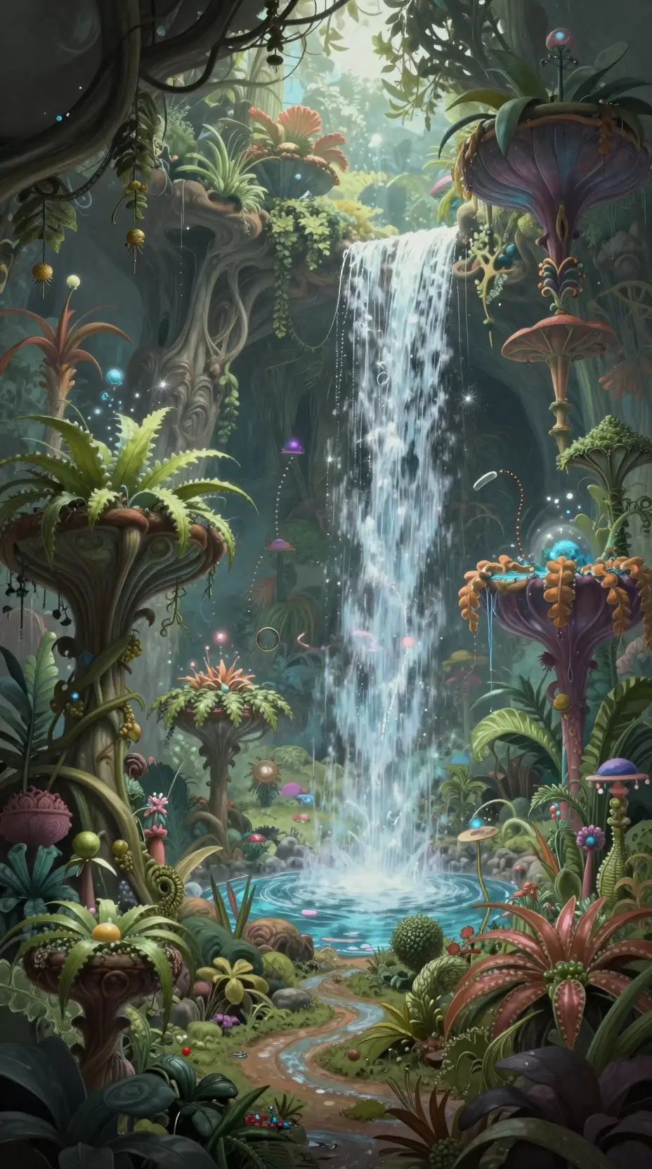 Mythical garden with gravity defying plants and waterfalls