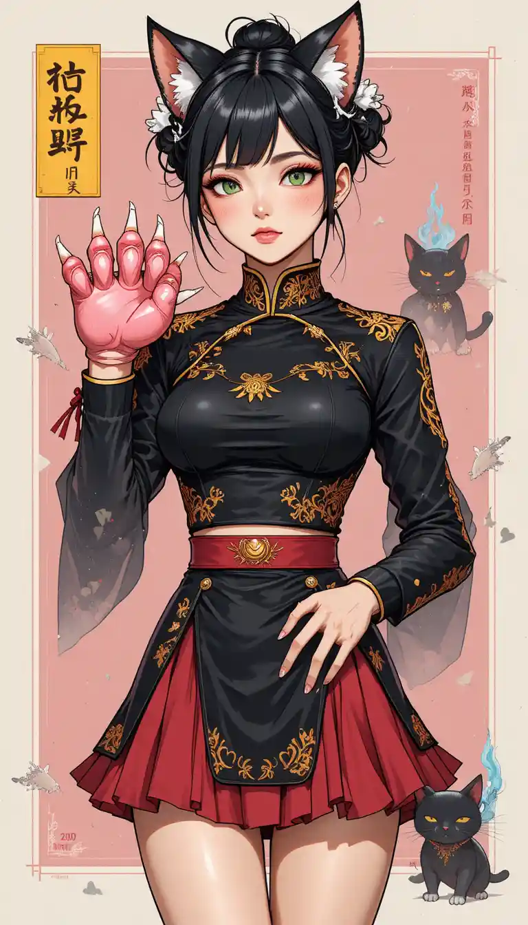 Anime cat girl with giant paws in bold cel shaded style