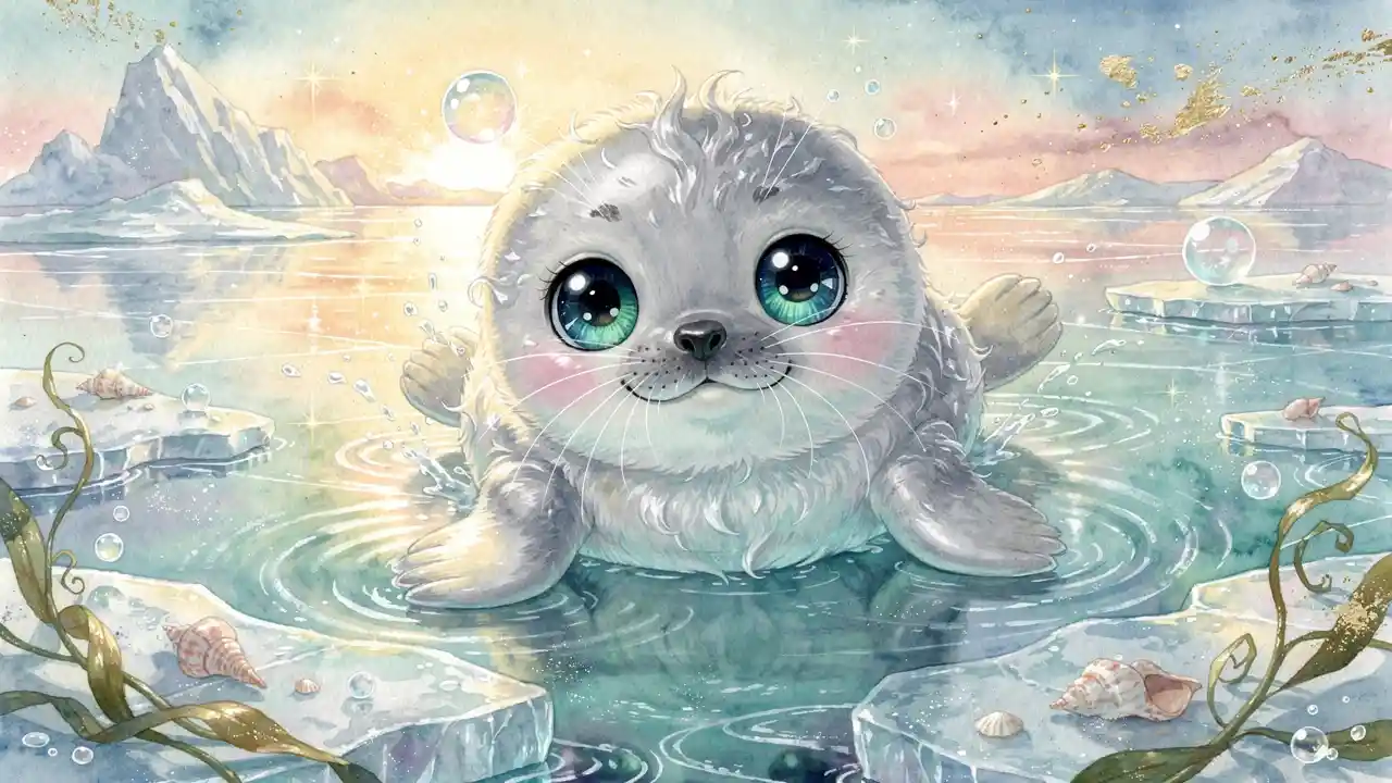 Dolce cucciolo di foca che scivola tra pozze di ghiaccio in acquerello