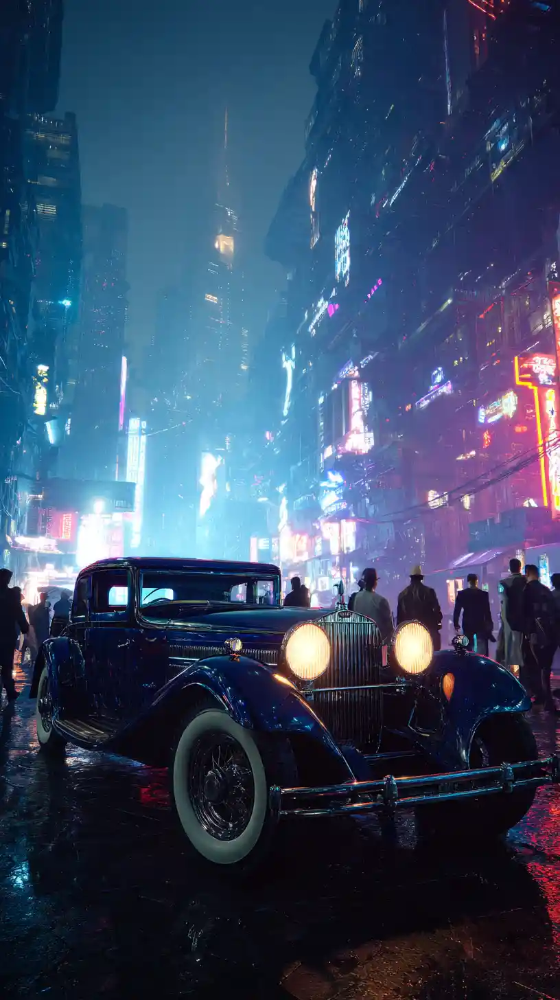 Vintage car in neon lit futuristic cyberpunk city
