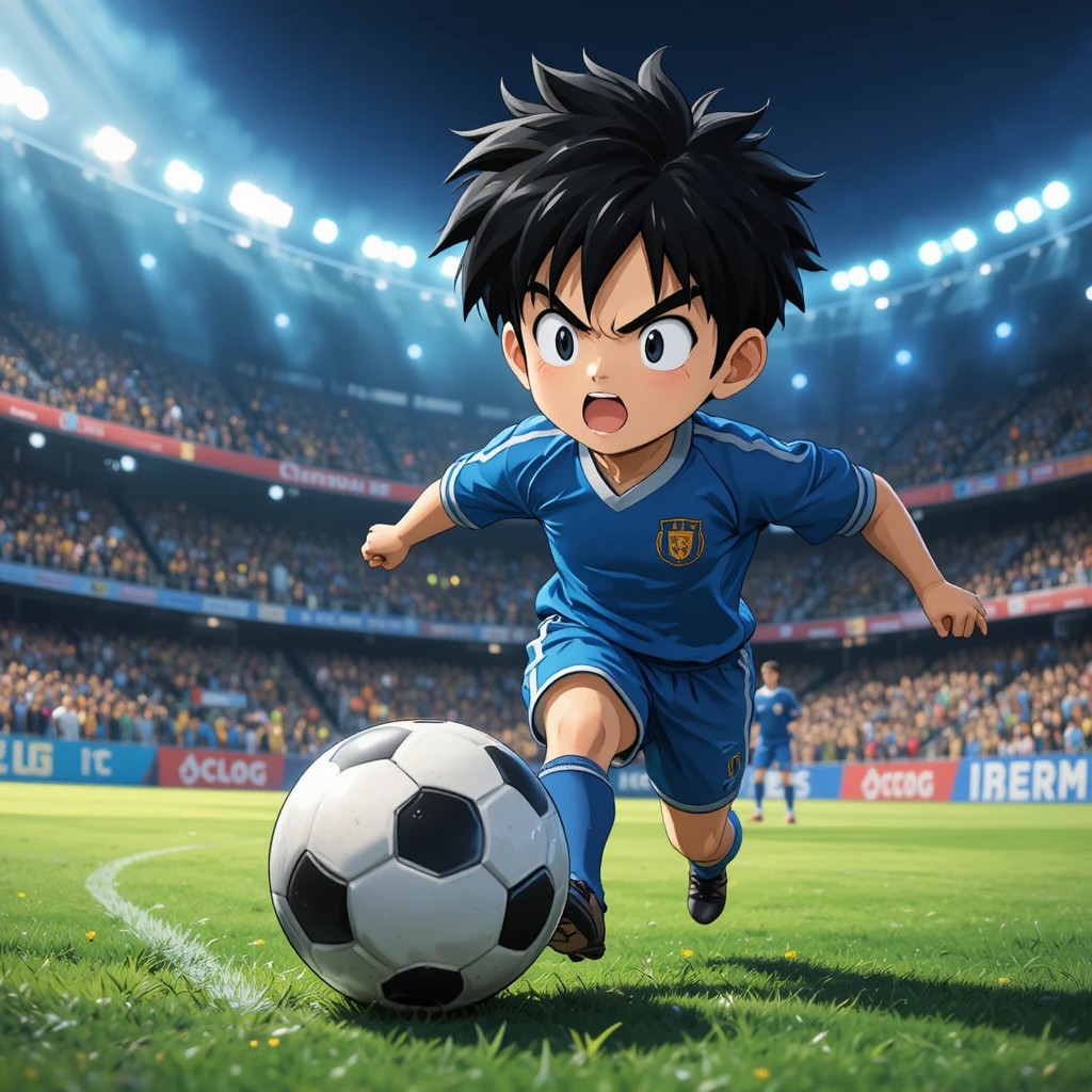 Ragazzo anime che sprinta sul campo da calcio sotto le luci dello stadio