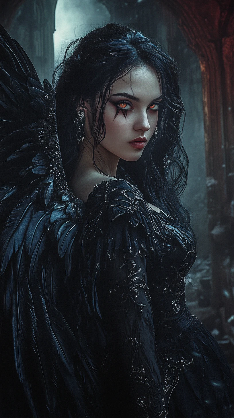 Fallen dark angel woman in ruined gothic cathedral