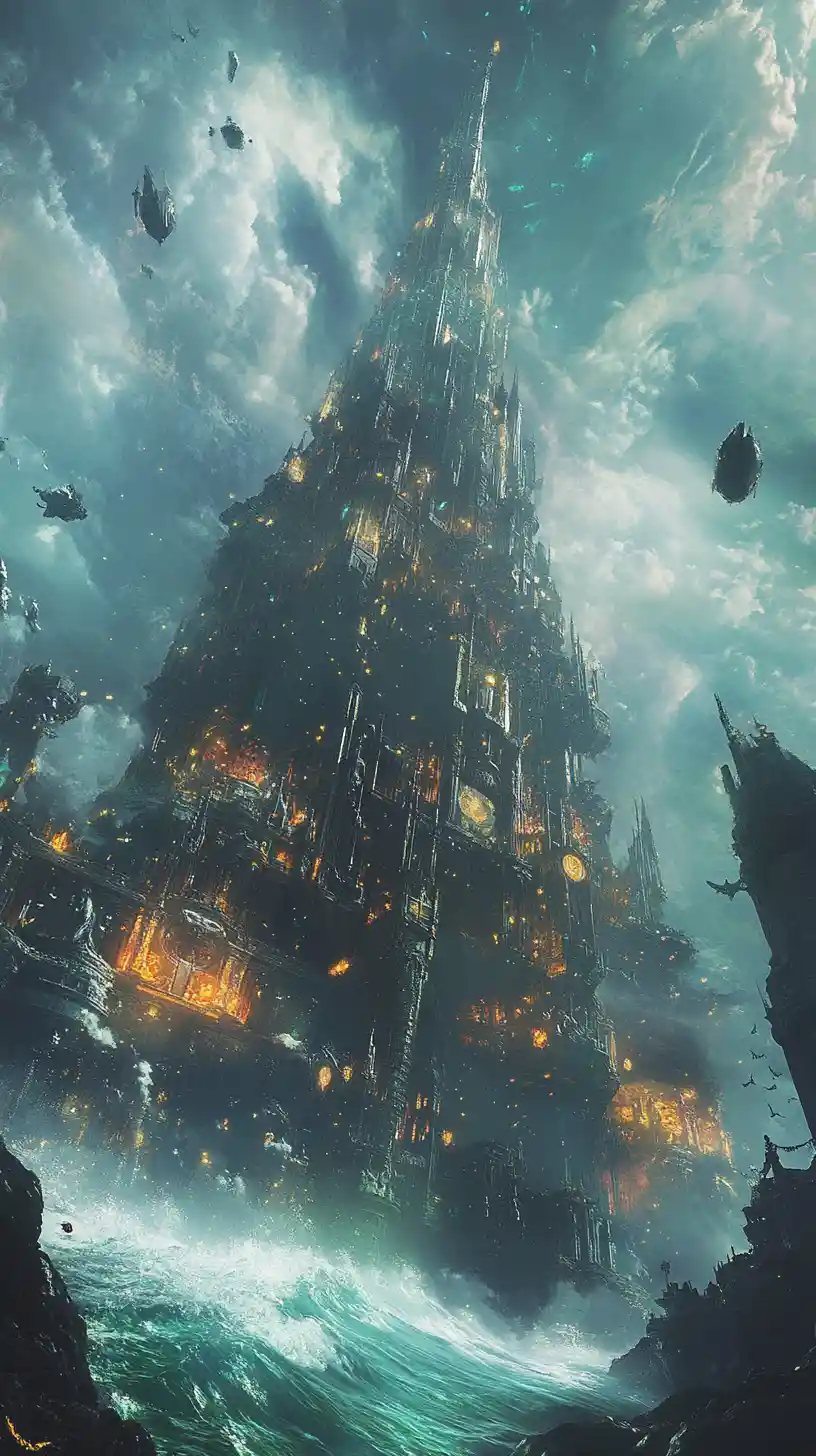 Epische Fantasy: Seemonster erhebt sich in einer zerfallenen mystischen Stadt
