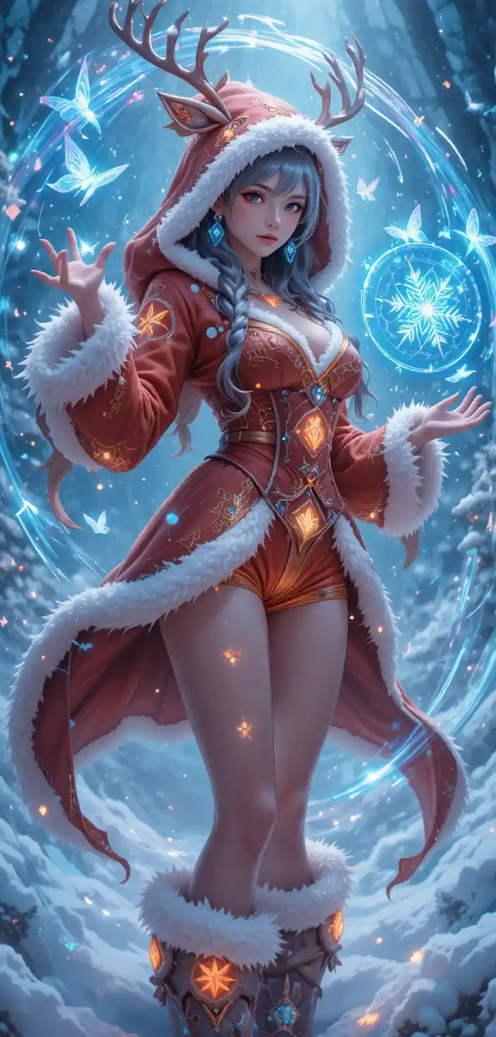 Cyan runes swirl around a shy magical reindeer girl