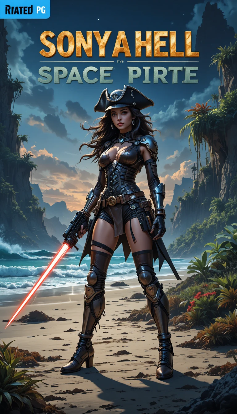 Female space pirate on alien shore fantasy illustration