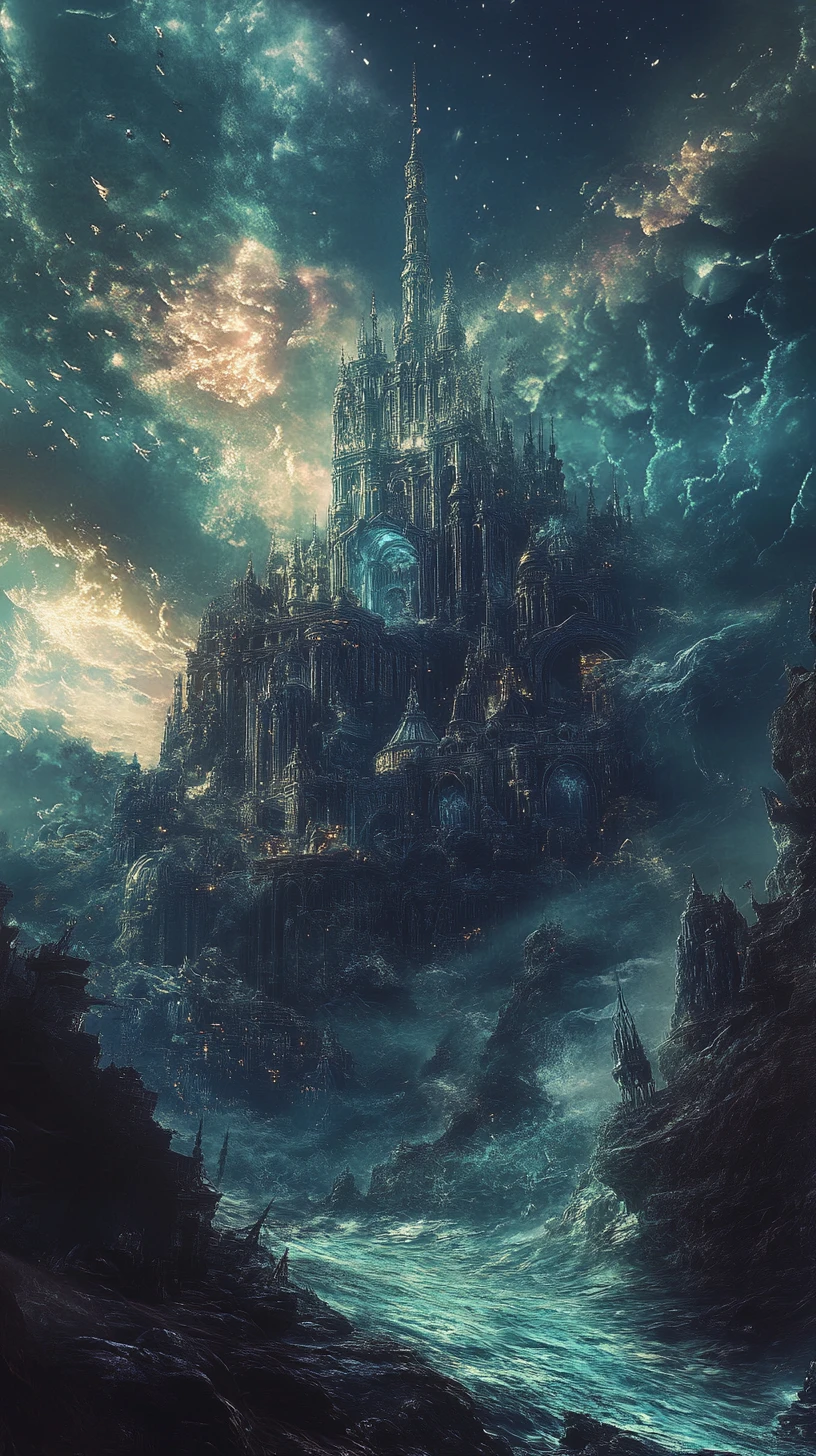 Epische Fantasy-Meereskreatur erhebt sich in ruinierter Kristallstadt
