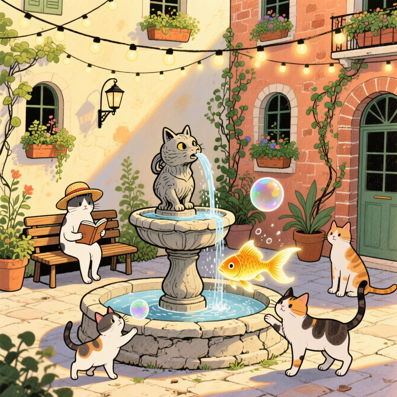 Verspielte Katzen rund um einen steinernen Brunnenhof – Illustration