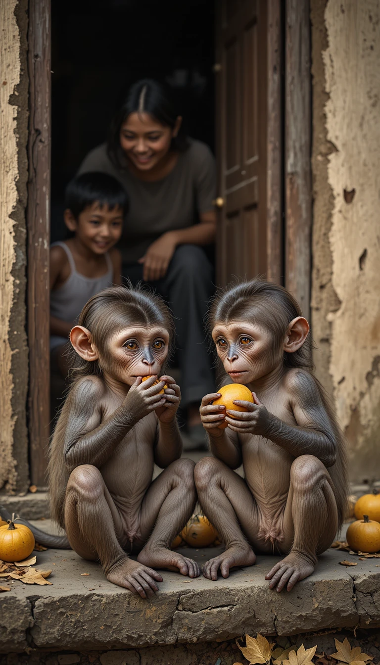 Two monkey children eating fruit at a house entrance