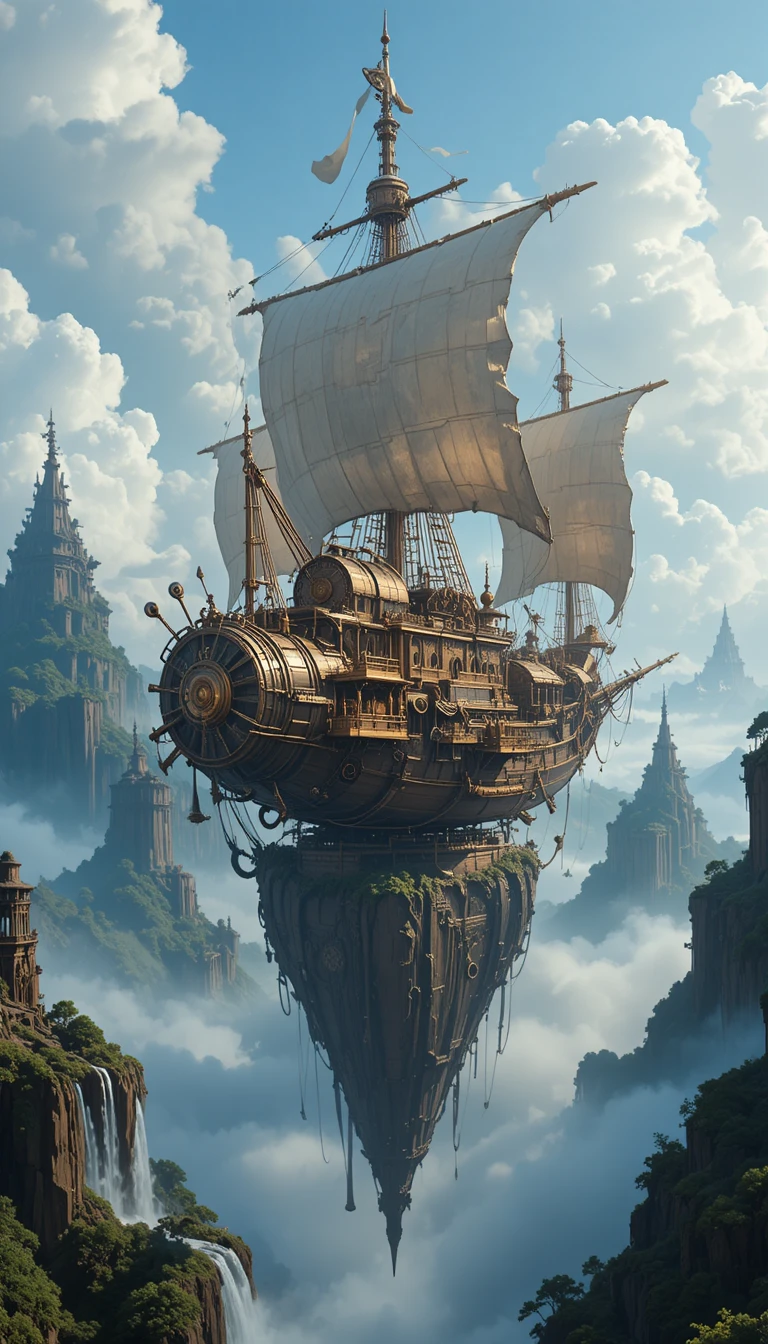 Dirigibile steampunk che solca isole fluttuanti frastagliate