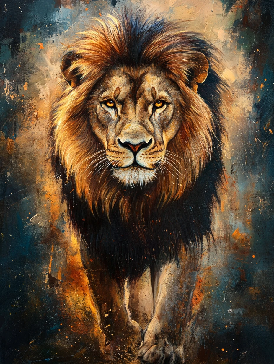 Majestic lion oil painting with intense golden eyes