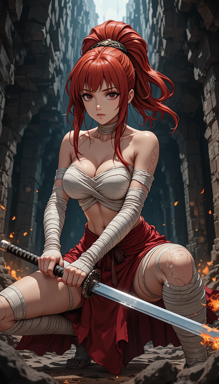 廃墟で炎の刀を構えしゃがみ込むアニメ女戦士