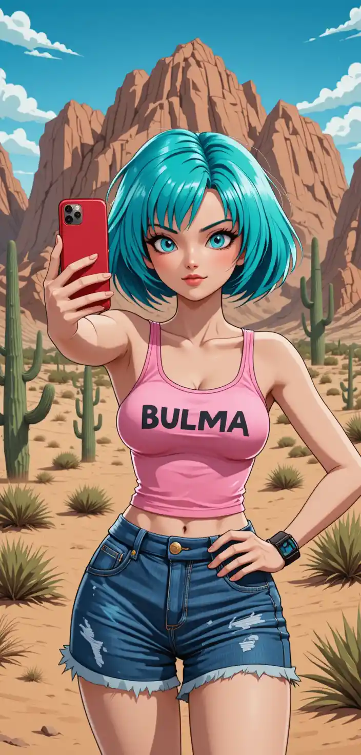Anime woman taking a selfie in a sunlit desert landscape