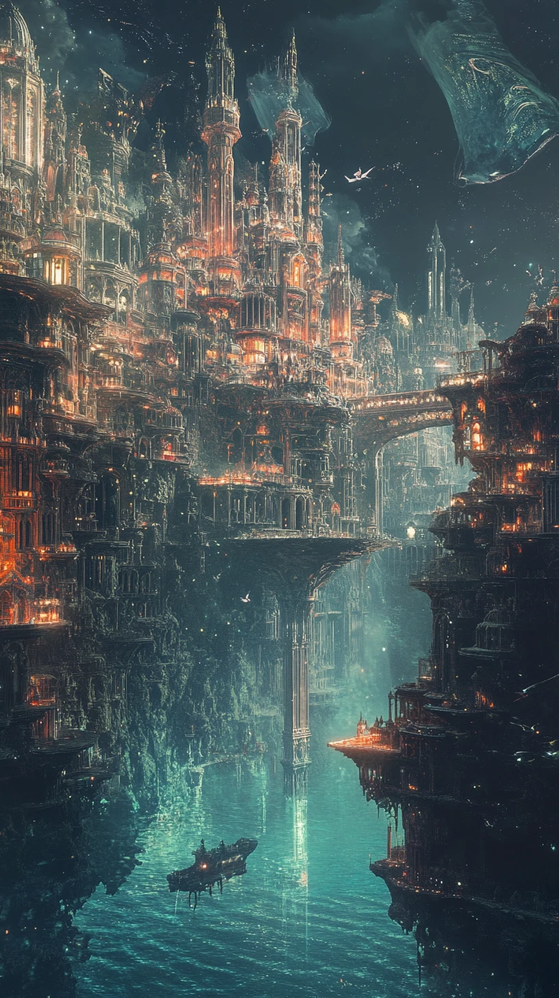 海から現れるリヴァイアサンと幻想的な都市