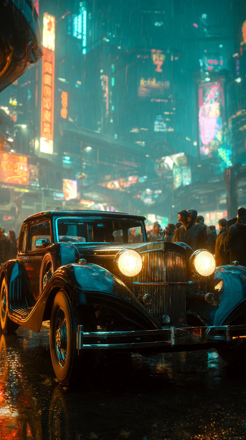 Voiture vintage brillant sur une ville cyberpunk néon