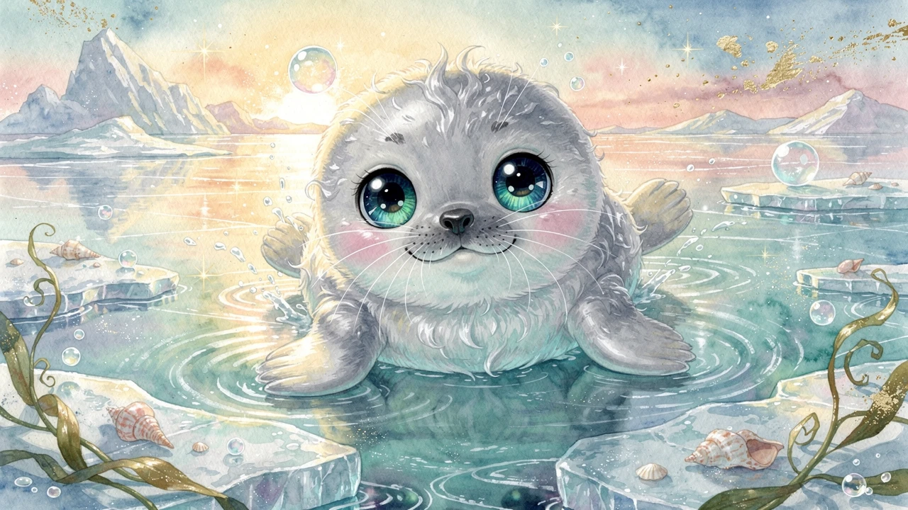可愛小海豹在冰冷水潭上滑行的水彩畫