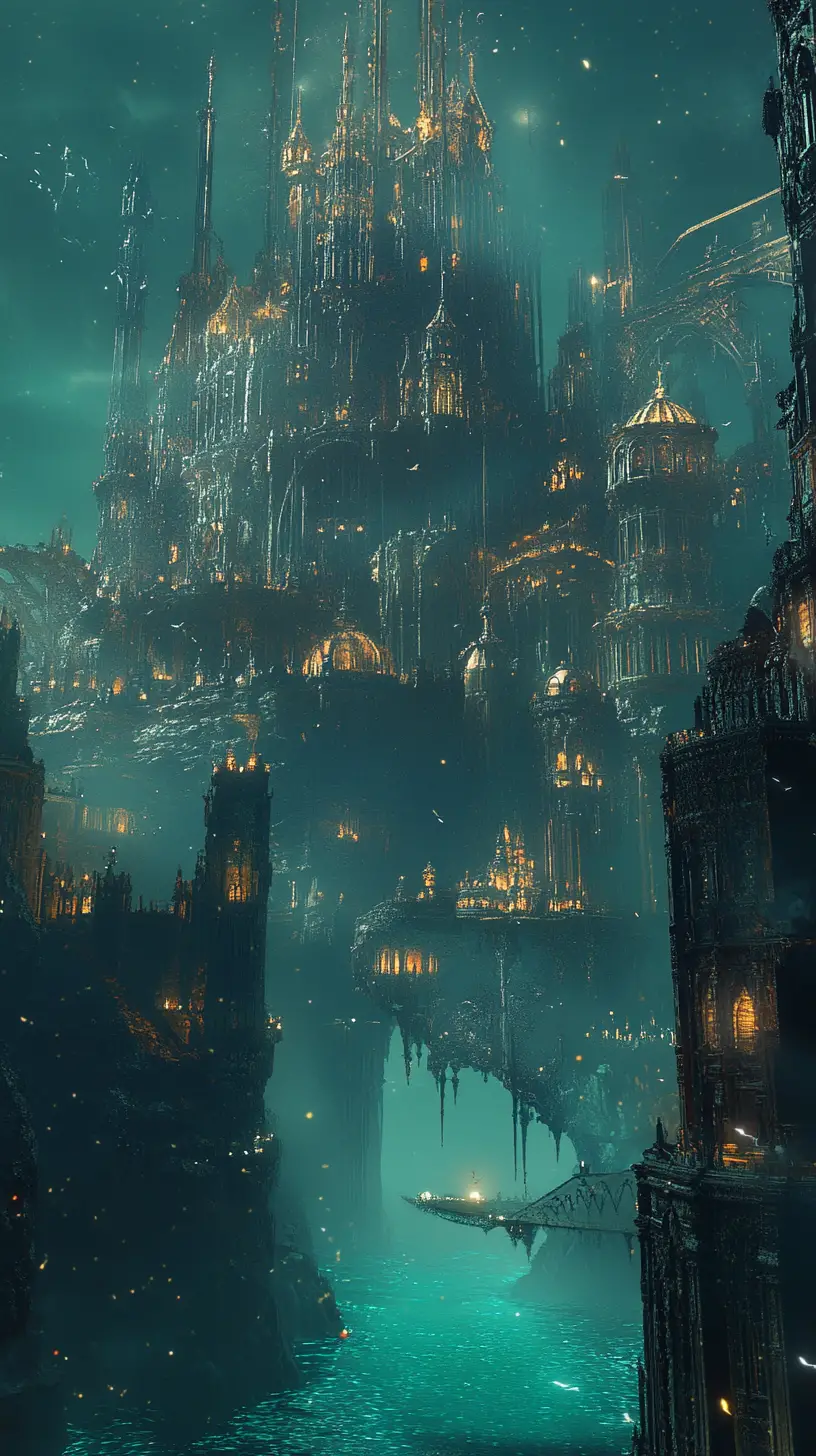 Mystical sea leviathan rising before a ruined fantasy city