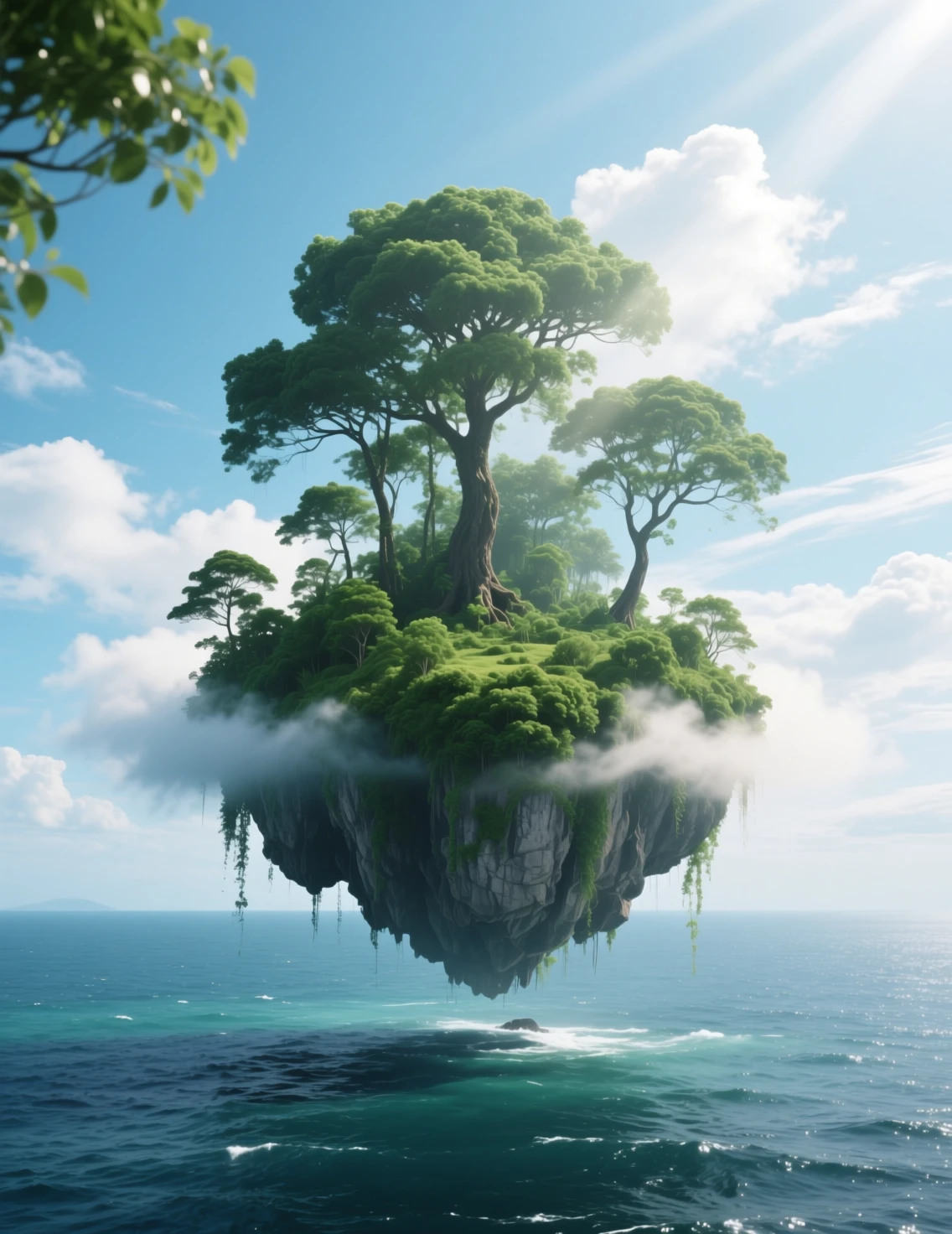 Serene Floating Island Above A Vast Ocean Under Sunlight