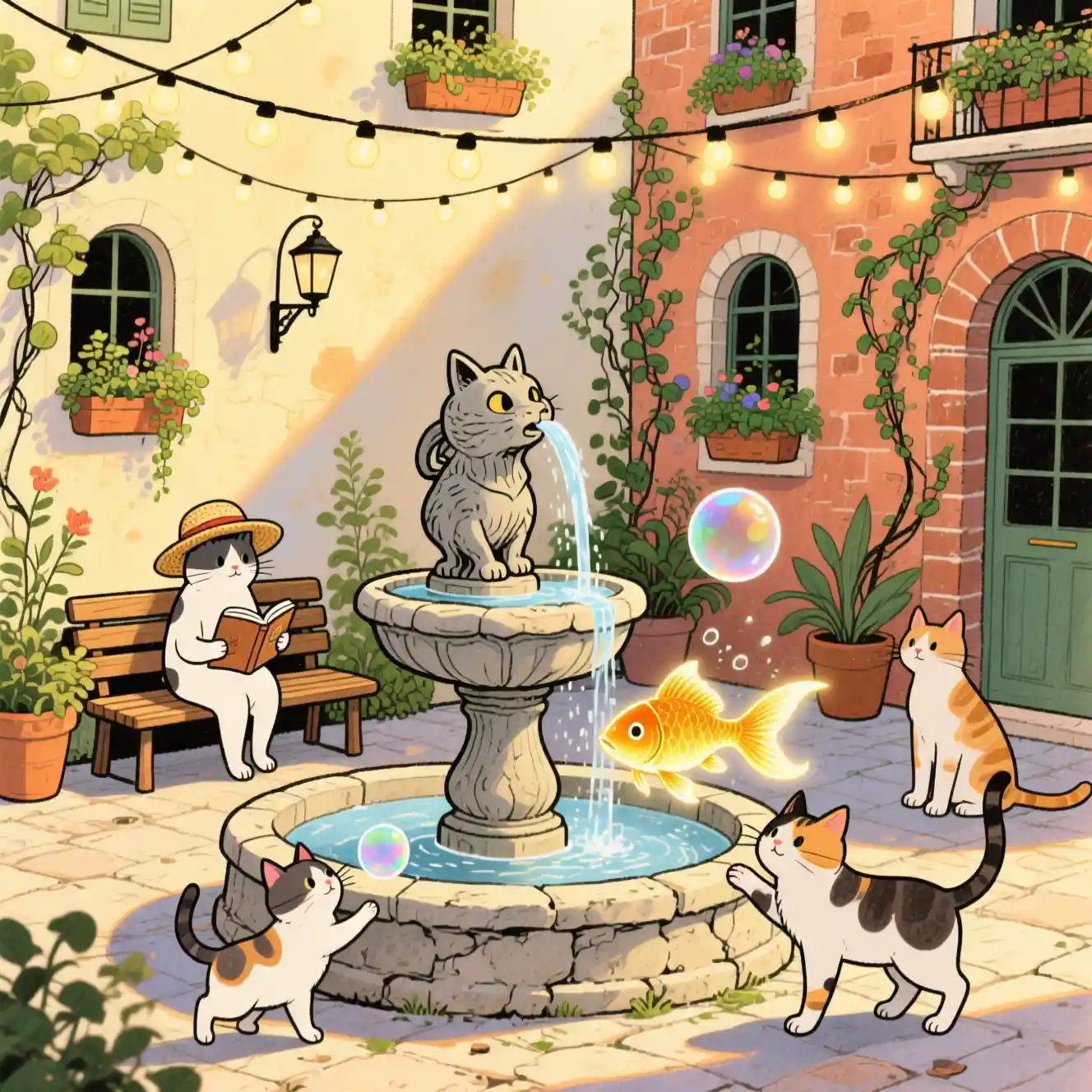 Illustrazione di Gatti Bizzarri Attorno a una Fontana di Pietra nel Cortile