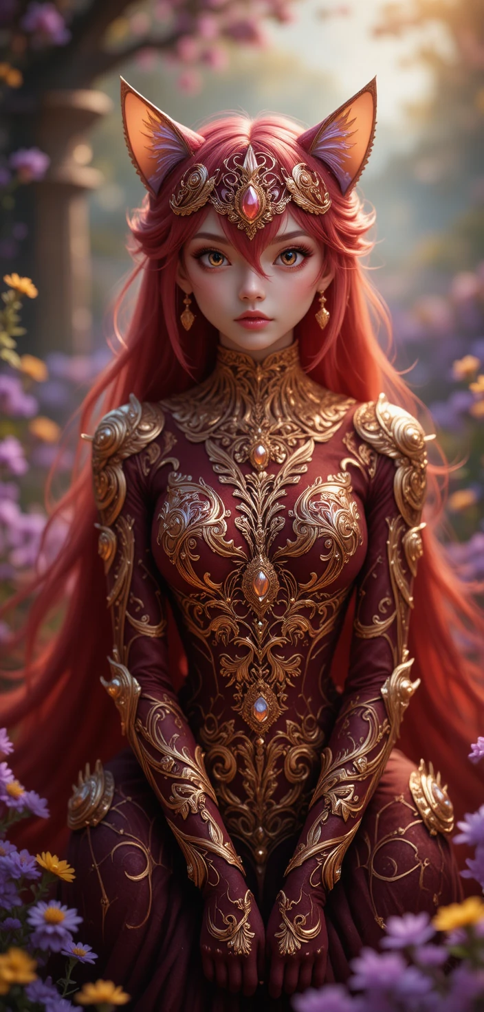 Crimson feline girl adorned with ornate golden filigree
