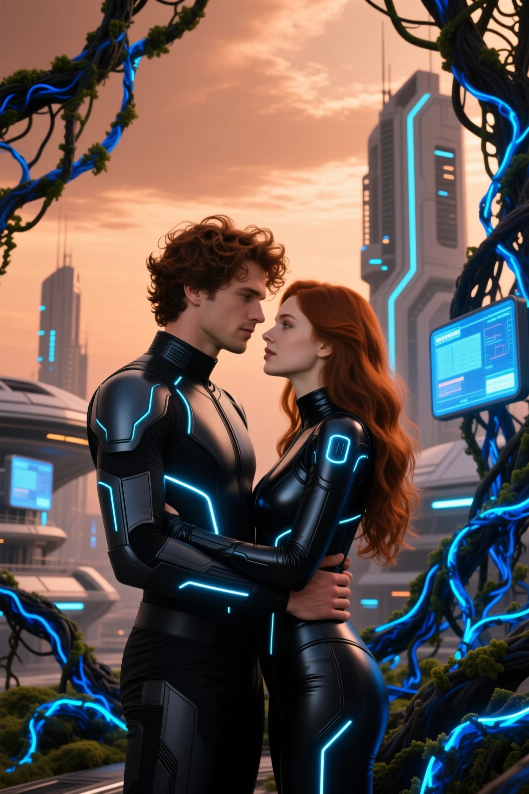 Futuristic couple embracing amid glowing bio sci fi cityscape