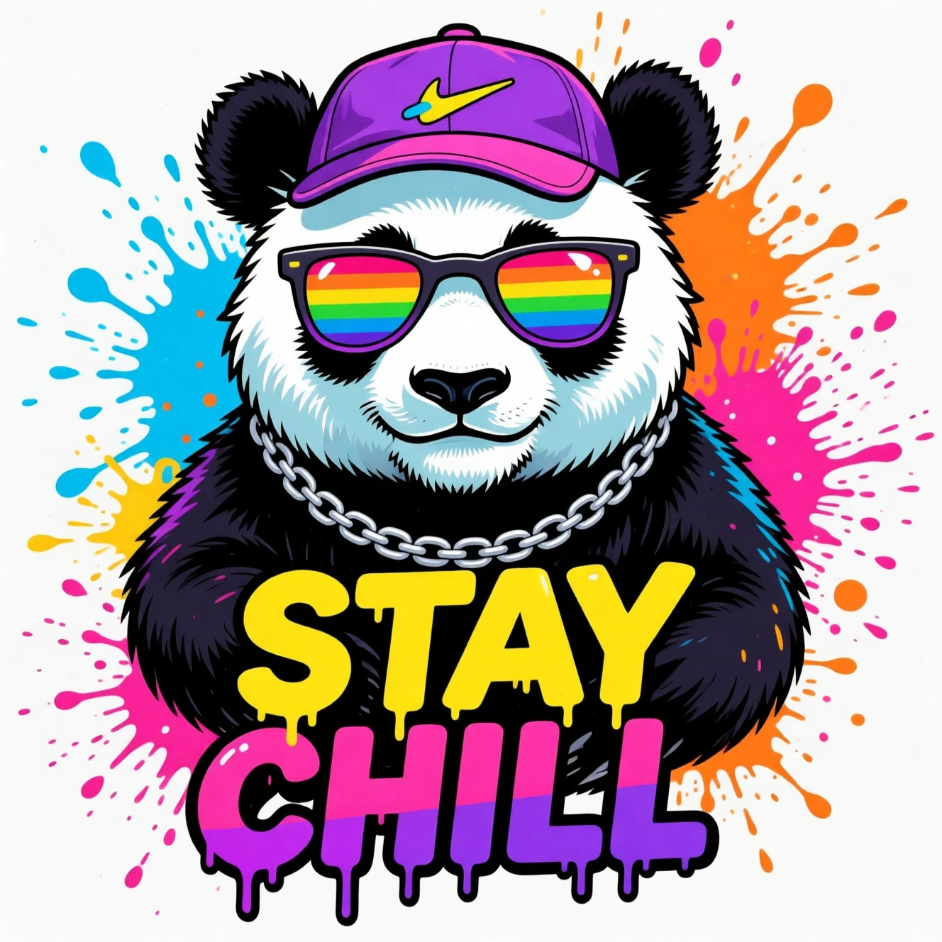 レインボーサングラスと「Stay Chill」スローガンのクールなパンダ