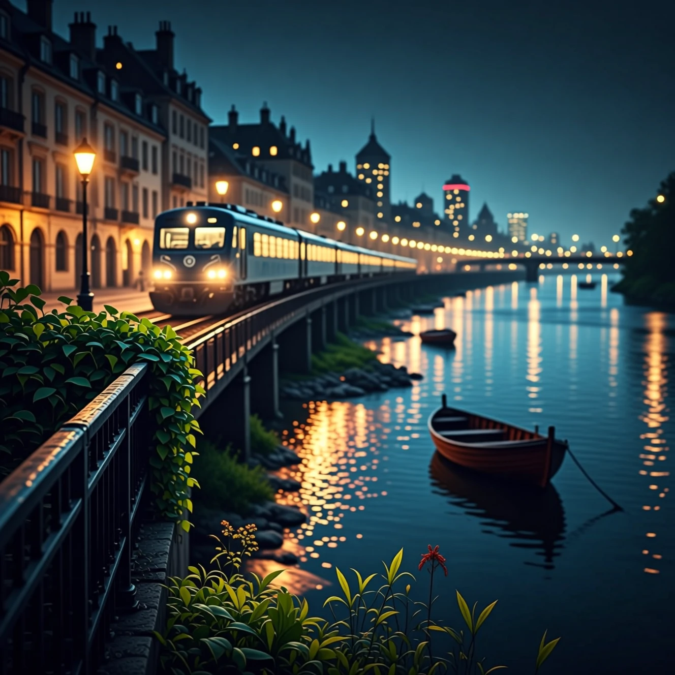 Nachtzug entlang einer ruhigen Flussstadt
