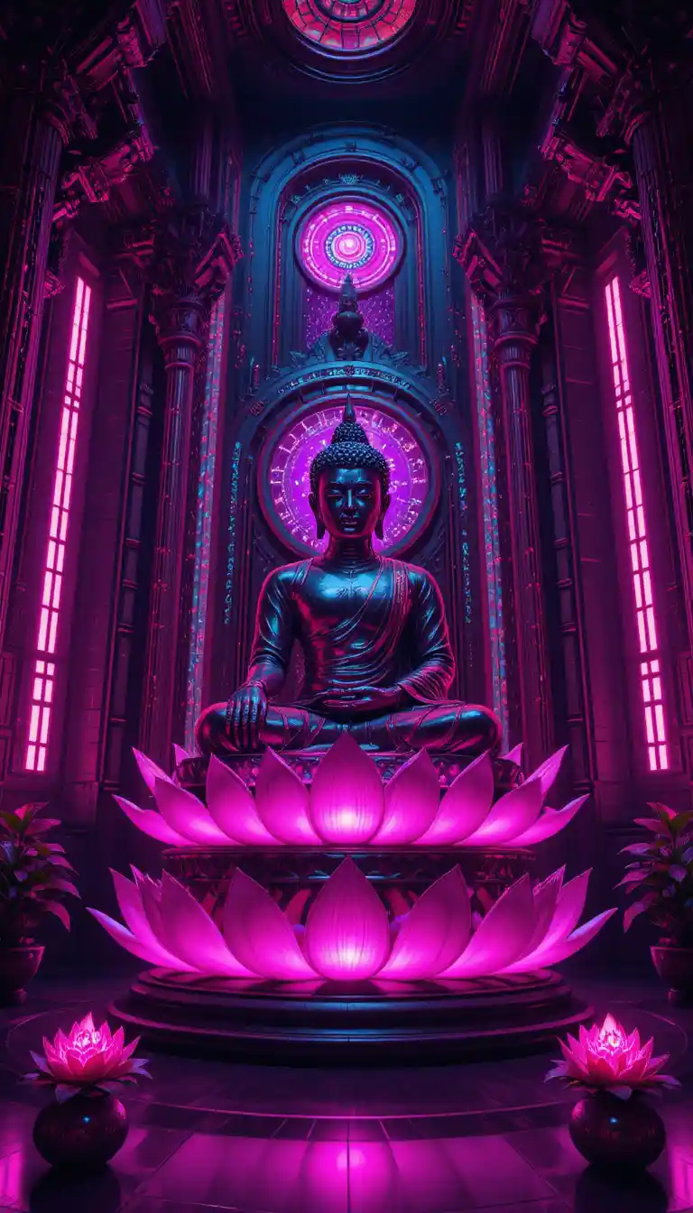 Cyberpunk Buddha Meditating On Neon Lotus Throne