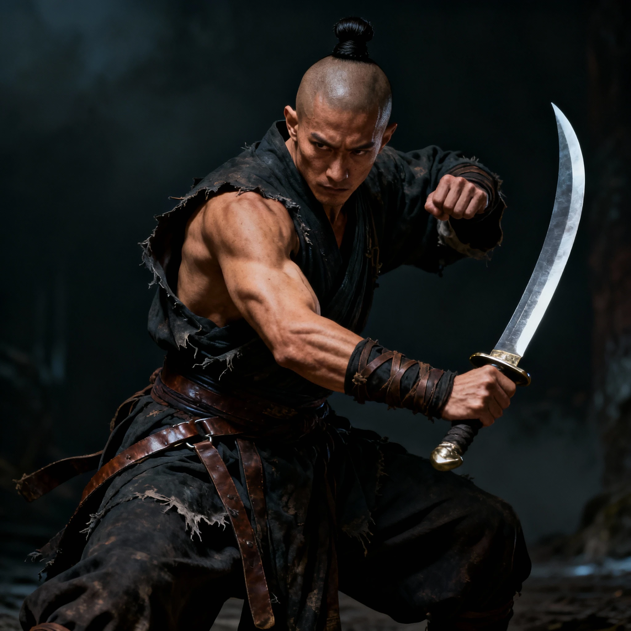 Dark fantasy monk warrior with blade and top knot hair