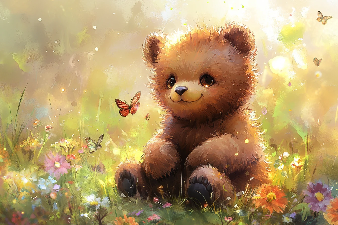 Cute baby bear cub in a sunny watercolor meadow