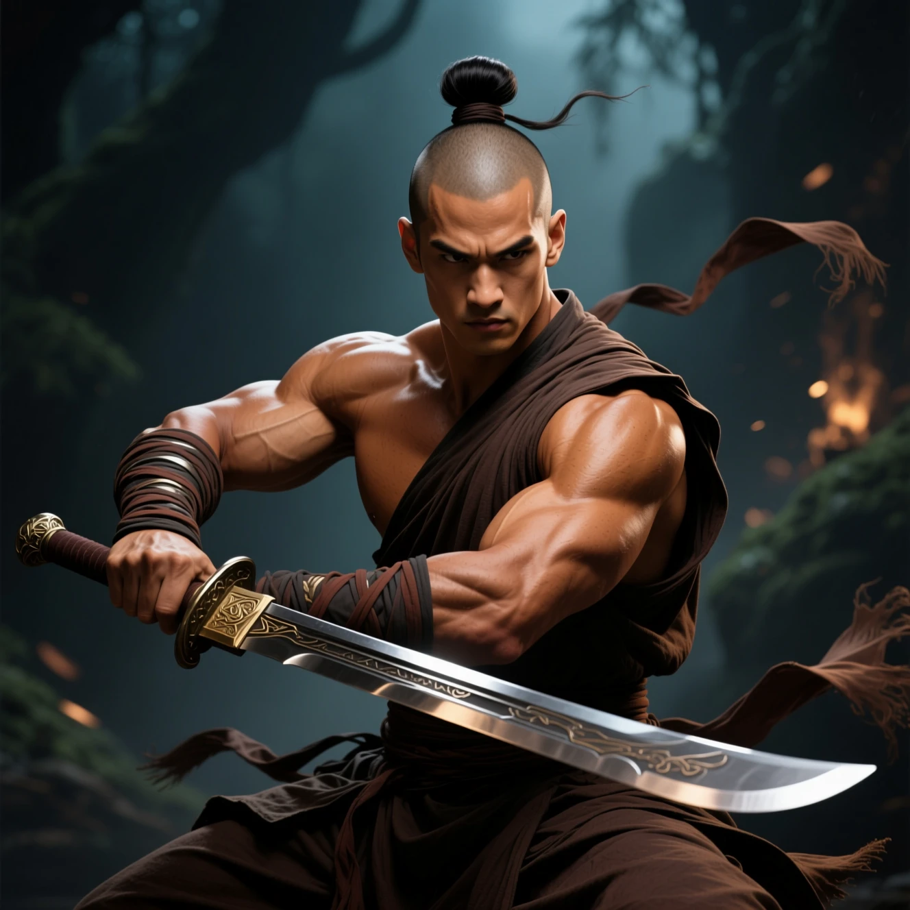 Dark fantasy monk warrior with blade and top knot hair