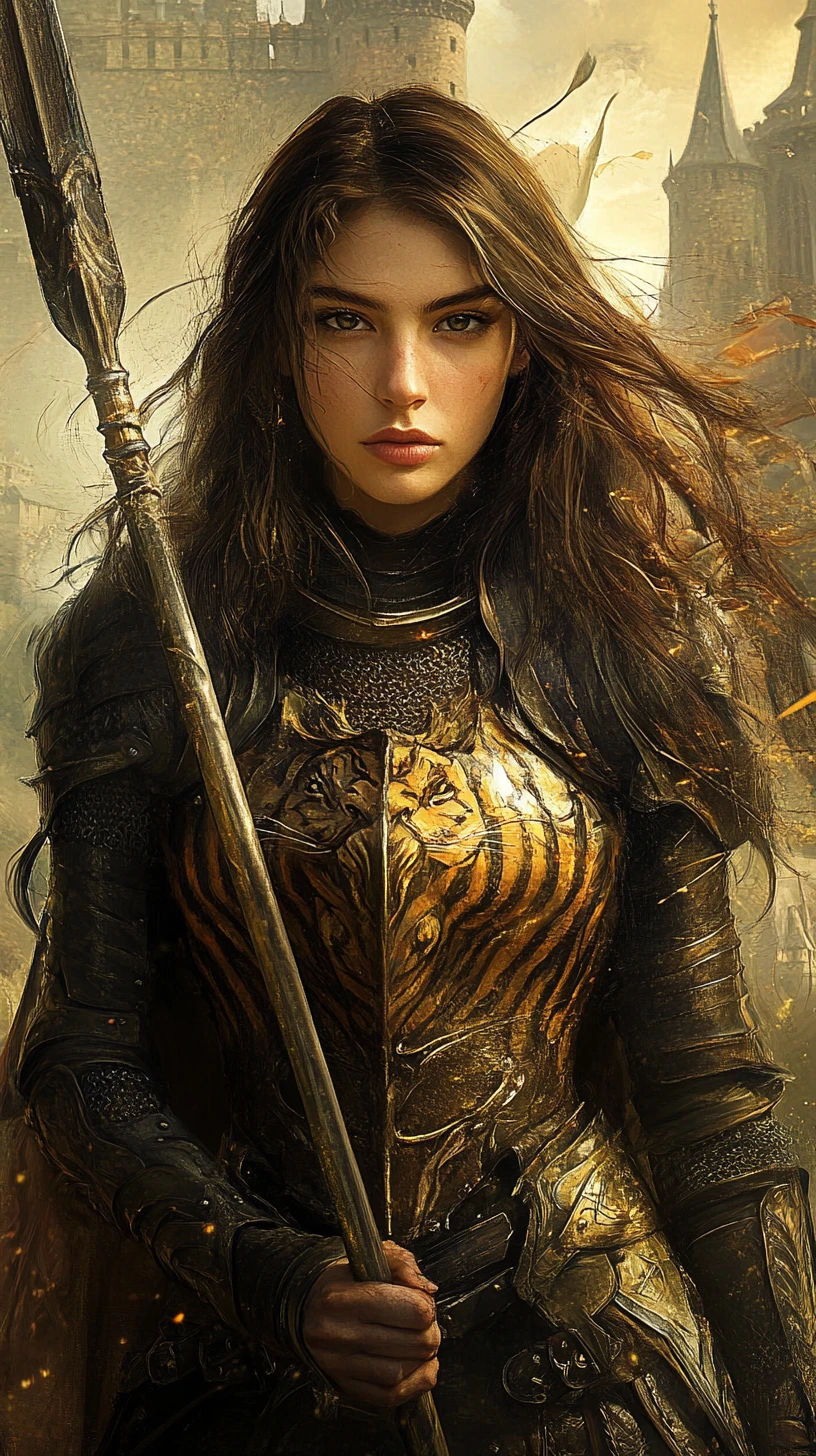 Female captain in tiger armor before a grand castle