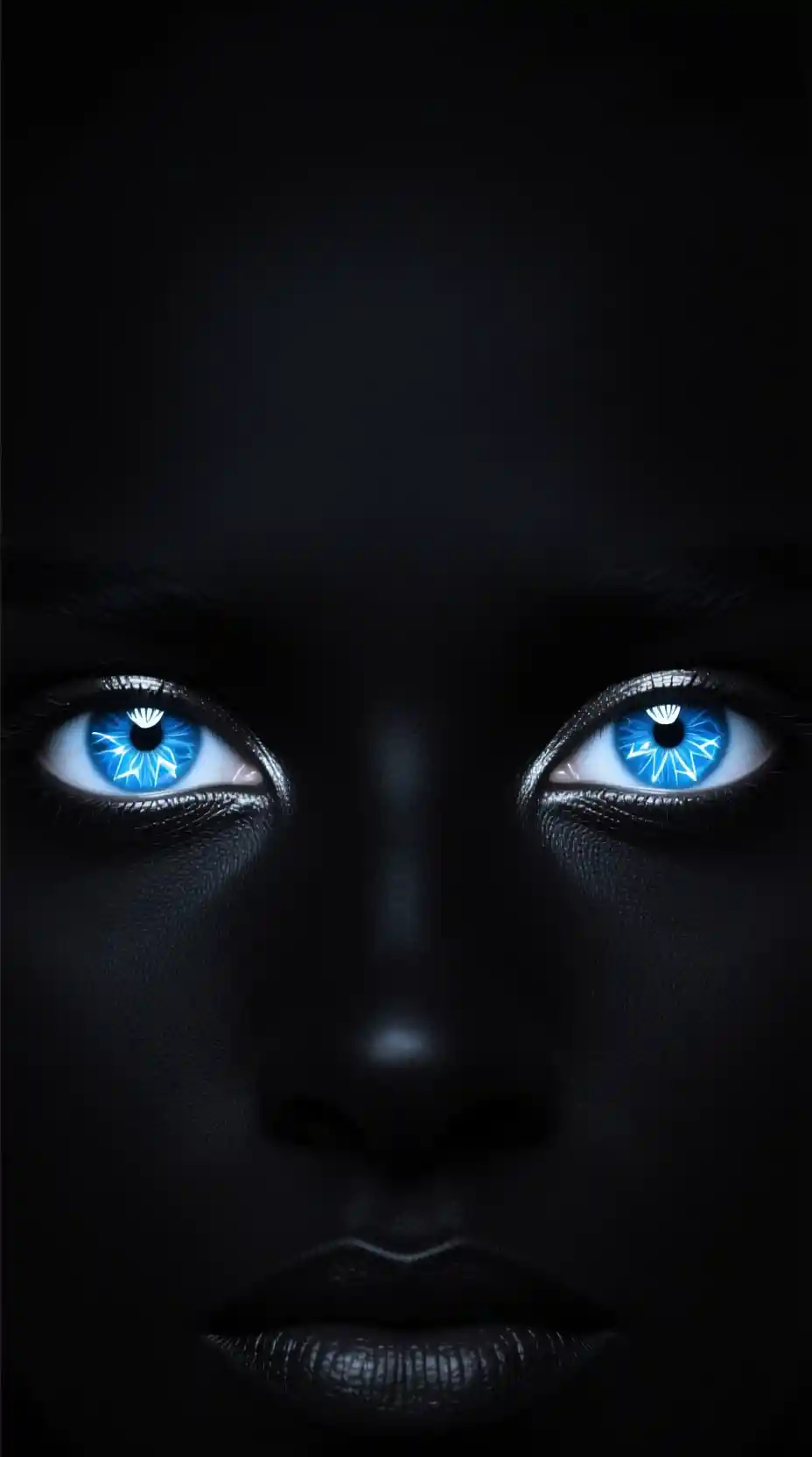 Olhos azul‑cristal brilhantes surgindo de um vazio negro absoluto