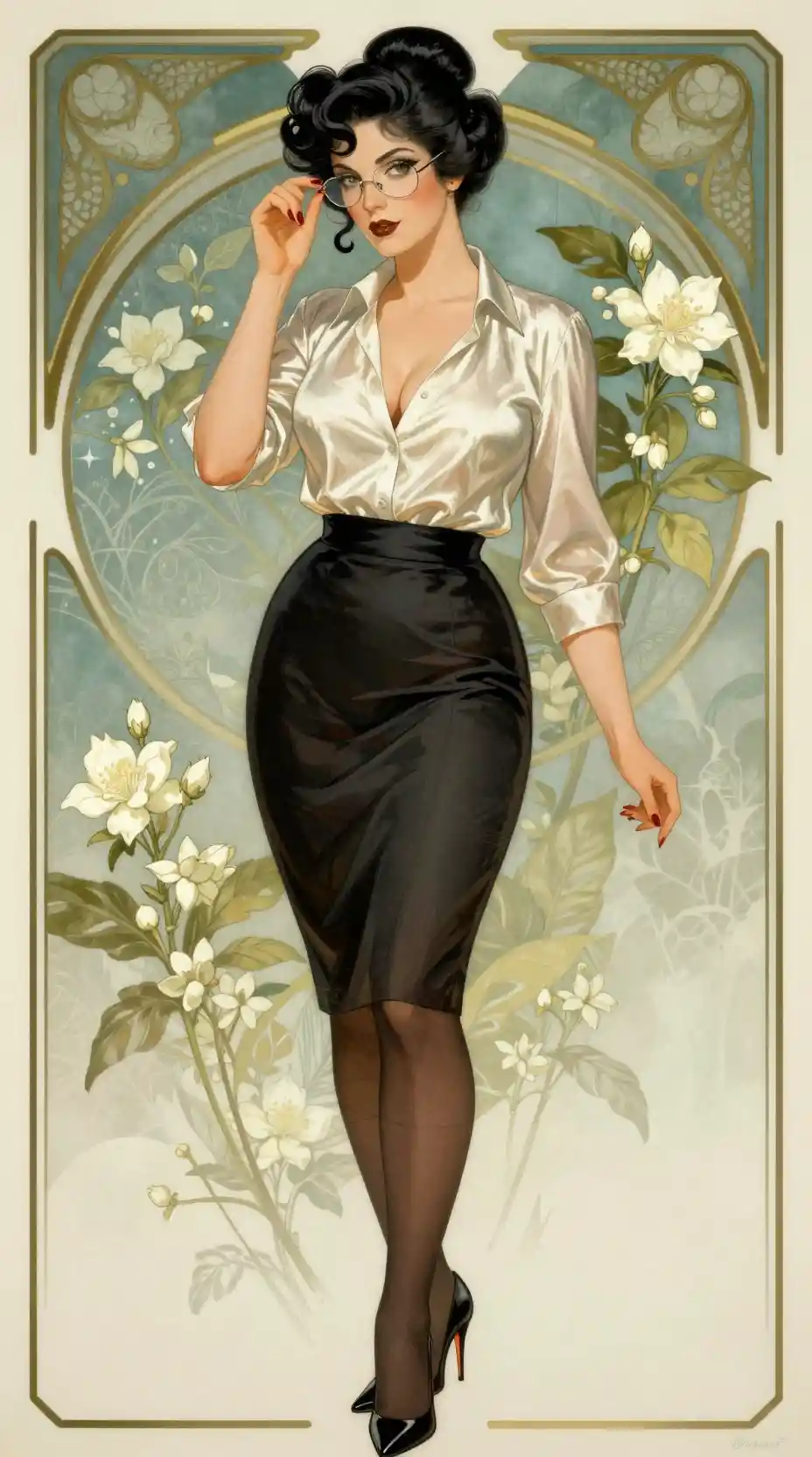 Elegant art nouveau pinup of a poised woman in stilettos