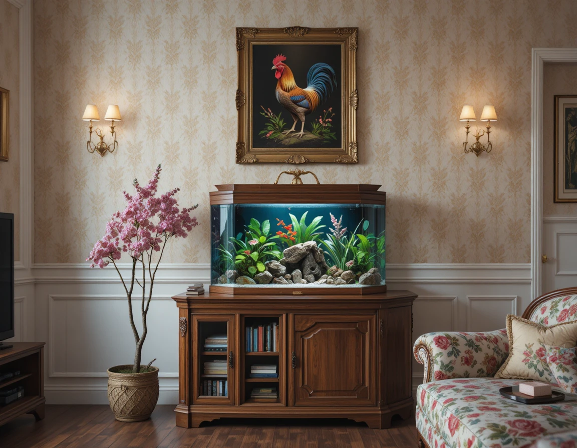 Gemütliches Wohnzimmer mit sechseckigem Aquarium und Blumen-Dekor