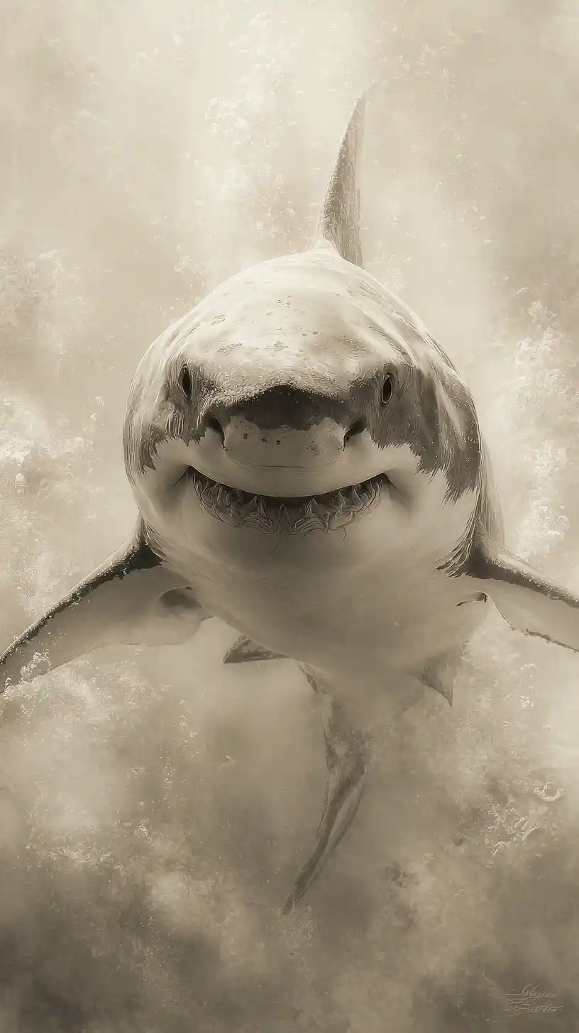 Great white shark charging forward in dark ocean waters